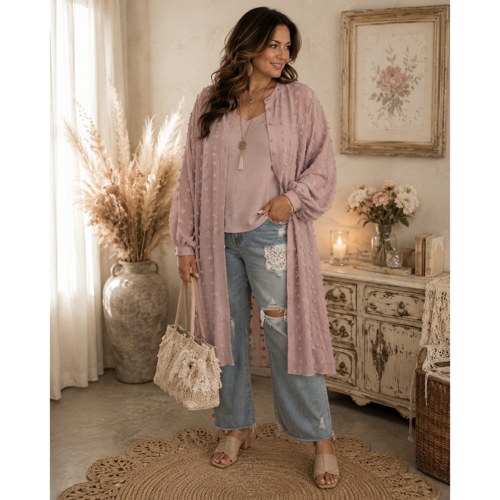 Cato Mauve Pink Clip Dot Button Down Cardigan Top with Camisole XL Boho Layering